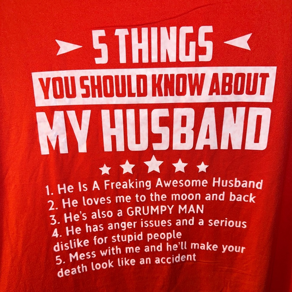 Red “5 Things you should know about my Husband” Graphic Tee - Short Sleeve - Picture 2 of 5